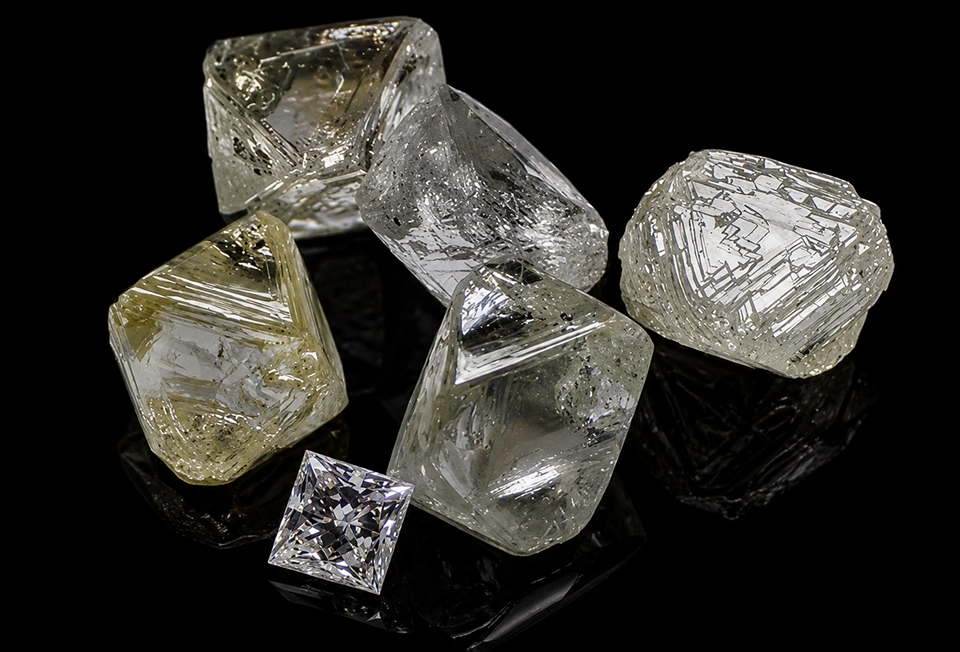 Uncut diamonds with one cut diamond.